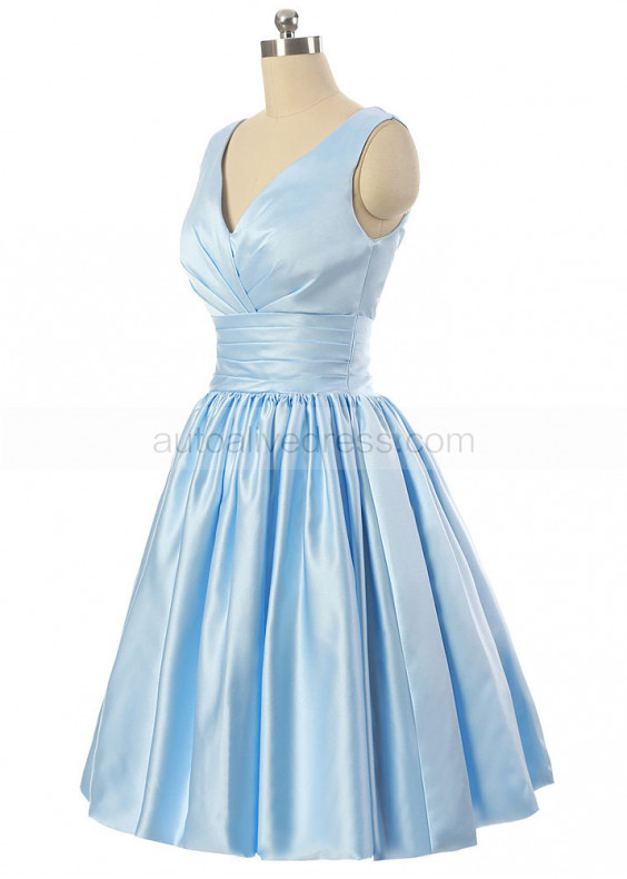 Sky Blue Satin V Neckline Corset Back Short Bridesmaid Dress